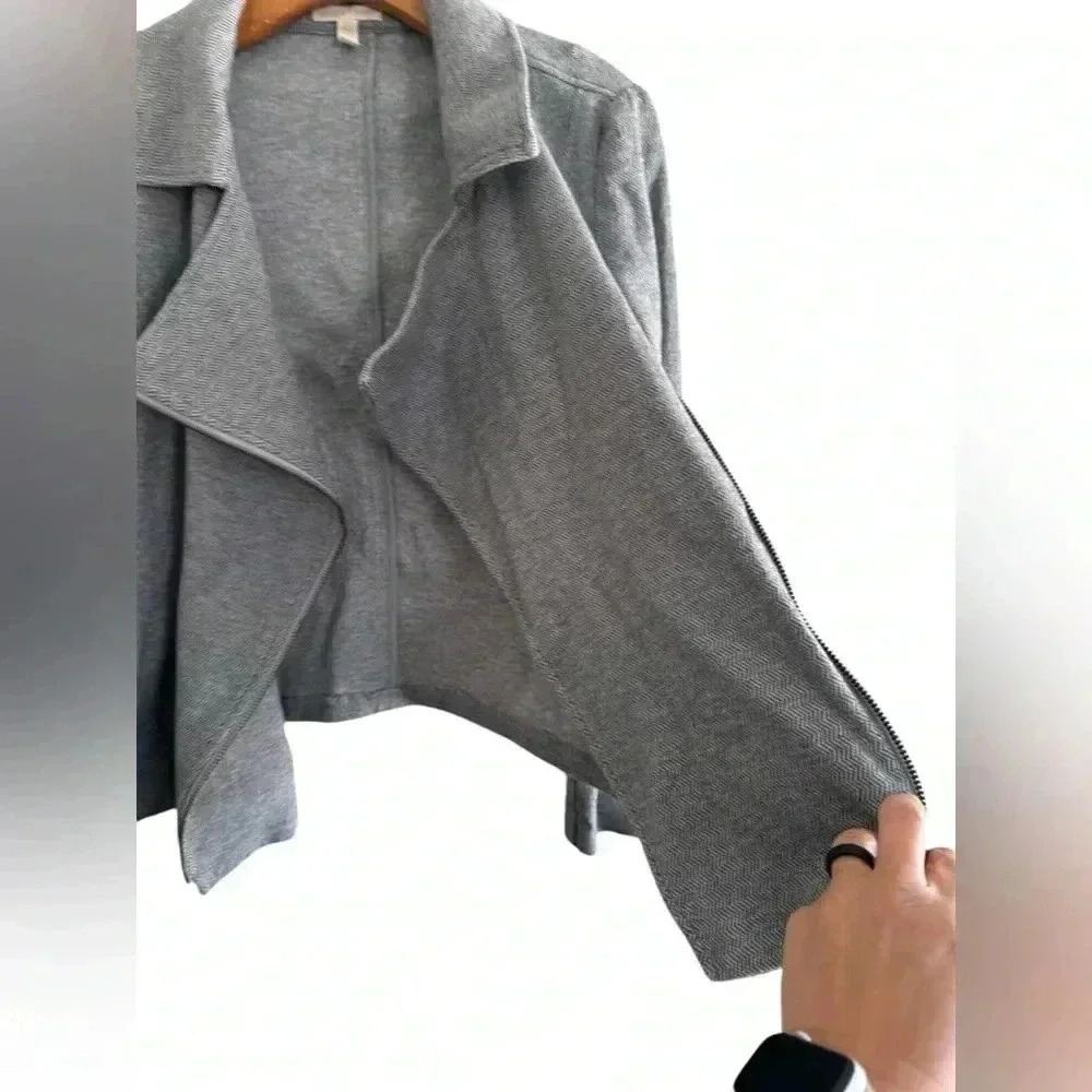 Eileen Fisher Organic Cotton Tweed Moto Herringbone Jacket Gray Size M - Picture 8 of 15